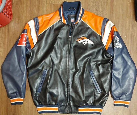 G-III NFL Football Faux Leather Broncos Jacket Size L/G Large Coat Letterman EUC Cover