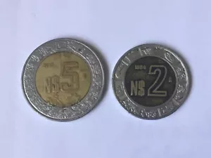 Coins 5 Nuevos pesos 1992 and 2 Nuevos pesos 1994 Mexican coins - Picture 1 of 2