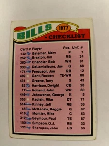 Juego de fútbol americano Topps 1977, lista de verificación del equipo Buffalo Bills #203, O.J. Simpson - Imagen 1 de 2
