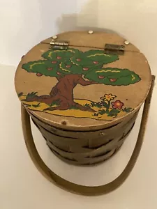 Vintage Round Wooden Woven Basket Purse With Tree Design - Picture 1 of 10