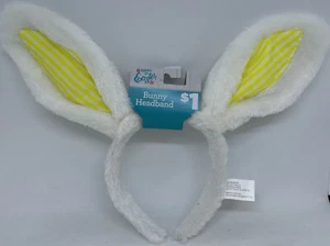 NWT Happy Easter Fuzzy Bunny Ears Headband White & Yellow - Picture 1 of 1