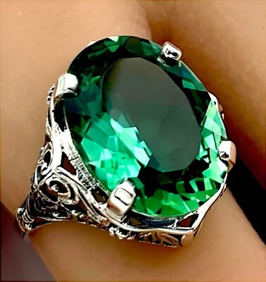 ANTIQUE STYLE 925 STERLING SILVER FILIGREE 7 CARAT GREEN QUARTZ RING        #930 - Image 1 of 4