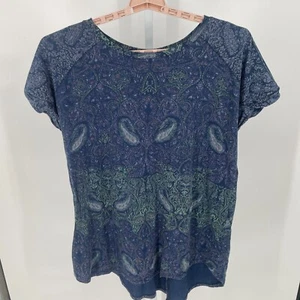 Lucky Brand Womens Short Sleeve Top Sz 1X Blue Paisley Round Neck Boho Hippie - Picture 1 of 10