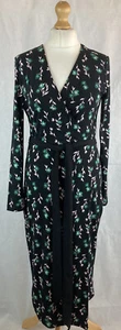 M&S Women’s Black Mix Floral Wrap Style Jersey Stetch Belted Midi Dress UK10 A81 - Picture 1 of 12