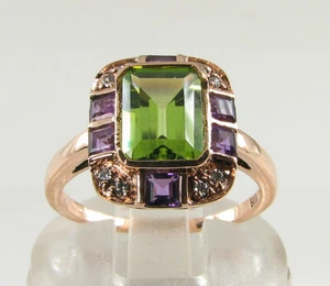 SUFFRAGETTE 9K 9CT ROSE GOLD PERIDOT AMETHYST DIAMOND ART DECO INS RING Size K - Picture 1 of 5