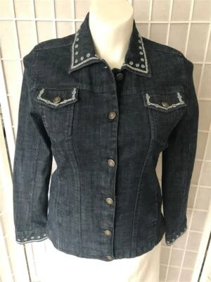 女式 Laura Ashley 中号棉混纺深蓝色串珠牛仔夹克 — 第 1/4 张图片