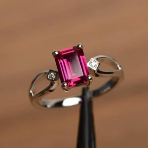 Red Ruby Ring Emerald Cut Wedding ring 925 Sterling Silver Anniversary Ring Gift - Picture 1 of 4