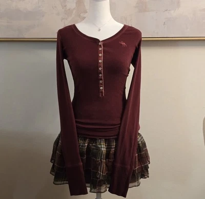 Vintage Abercrombie Tartan Plaid Brown Burgundy Yellow Ruffle Skirt Women's Xs - Image 1 of 4