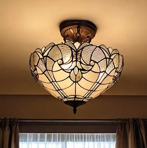 Yellow and Brown Two Light Tiffany Style Semi Flush Dimmable Ceiling Light - Picture 1 of 5