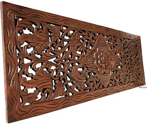 Floral Carved Wood Wall Panel. Teak Wood Wall Decor Hanging. Brown-Red Mahogany