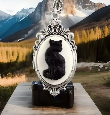 黑猫浮雕隐藏吊坠项链,哥特式万圣节女巫复古吊坠 — 第 1/4 张图片