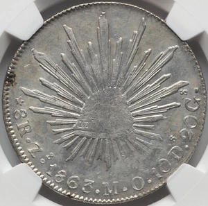 Mexico Silver 8 Reales 1863-Zs MO Zacatecas Mint. NGC MS-60! Nice scares coin! - Picture 1 of 6