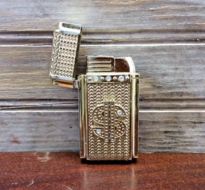 Vintage Cigarette Lighter Gold Dollar Sign Rhinestones Soviet Union Russia Works - Picture 1 of 9