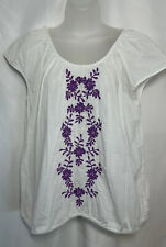 St. John's Bay Woman's BOHO Summer Blouse XL White Purple Embroidery