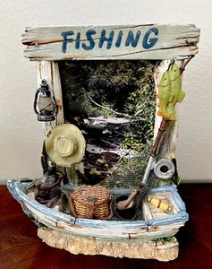 FISHING Picture Frame Rustic Boat And Fishing Gear. 3D Effect 4”x6” Picture - Picture 1 of 13
