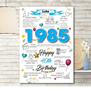 1985 40th Birthday Personalised Memories Birth Year Facts Print Poster Age 043 - Picture 1 of 4