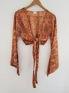 Pink Silk Top Shrug Bolero Cropped Hippie Festival Indian Tie Front VintageRetro - Picture 1 of 13