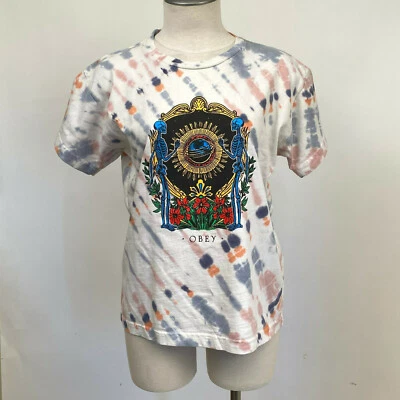 Obey Women's Box T-Shirt Bone Heads Pink Agate Tie Dye SM NWT Shepard Fairey - Image 1 of 2