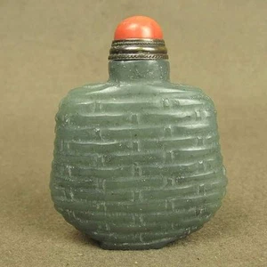 Red Coral Top Lid Chinese Carved Bamboo Joint Pattern Antique Jade Snuff Bottle - Picture 1 of 8
