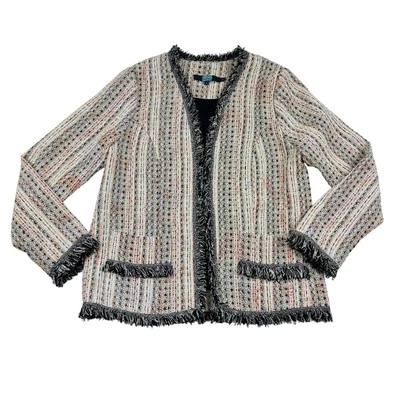 Eva Franco Multicolor Tweed Fringe Preppy Classic Open Front Blazer Women's M - Image 1 of 4