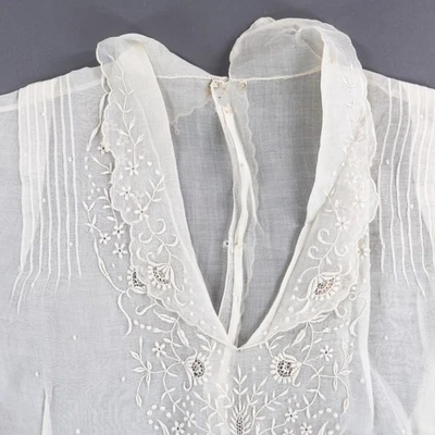 Vtg White Organdy Blouse Top Embroidered Sheer Lace Bodice 1940s France Collared - Image 1 of 4