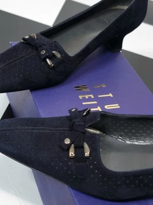Vintage Stuart Weitzman Navy Suede Perforated Bow Heels Size 8.5N w Box EXC!! - Image 1 of 4