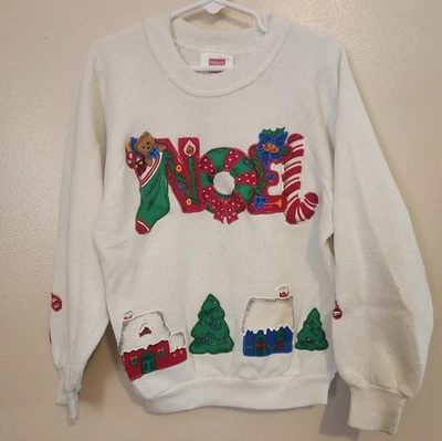 Vintage Her Way By Hanes Girls White Sz Medium Sweatshirt USA Puff Paint Christm - Image 1 of 4