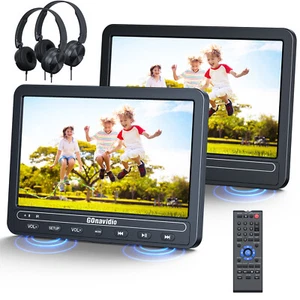 2x10.1'' Dual Screen Car Headrest Monitor Portable DVD Player Battery 2 Headsets - Picture 1 of 14