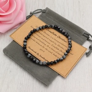 SNOWFLAKE OBSIDIAN Bracelet Stretch Fit Handmade + Gift Bag & Card Gemstone 4mm - Picture 1 of 5