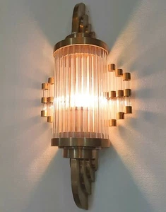 Antique Vintage Old Art Deco Brass & Glass Rod Ship Light Wall Sconces Lamp - Picture 1 of 8