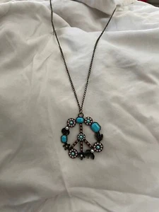 Vintage Inlay Beaded Peace Bronzy Floral Single Pendant Chain Necklace - Picture 1 of 8