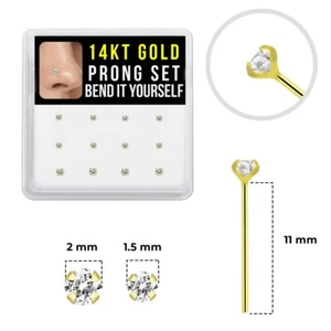 Juego de 12 puntas de oro macizo 14K 22G cristal transparente circonita cúbica cola de pez nariz perno 11 mm - Imagen 1 de 7