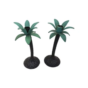 VTG PALM TREE METAL REGENCY CANDLESTICK HOLDERS Lot of 2 - 9" tall Heavy India - Picture 1 of 10