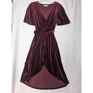 VELVET Wrap Dress Burgundy Wine Red Midi-Short Sleeve, Elegant, size Small 4/6 - Picture 1 of 6