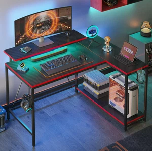 Pinmoco 42" Reversible L-Shaped Gaming Desk with Monitor Stand, LED Lights& Head - Afbeelding 1 van 5