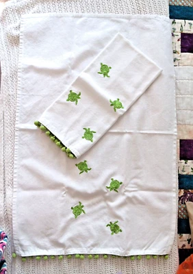 PomegranateInc. com 2 Tea Towels Embroidered Turtle PomPom Edge All Cotton 20x26 - Image 1 of 4