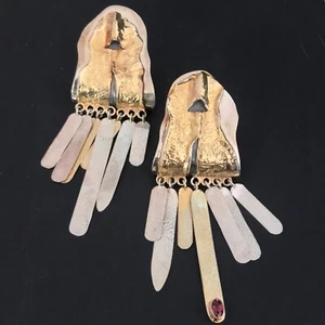 *Vintage BOLD Sterling Silver Gold Wash BRUTALIST Asymmetrical Earrings - Picture 1 of 8