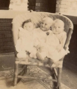 Vintage Real Photo Beautiful Children Three babies in a chair Boy its crowded - Picture 1 of 2