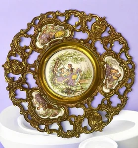 Coppia Fragonard Vintage Limoges Placca Placca Telaio Oro Ottone Diametro 11 - Foto 1 di 12