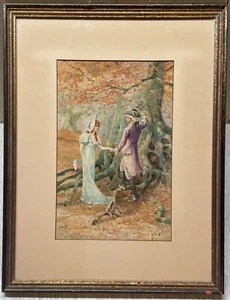 PINTURA ANTIGUA ERNEST LINZELL ""Escena victoriana de cortejo corazones tallados en árbol - Imagen 1 de 12