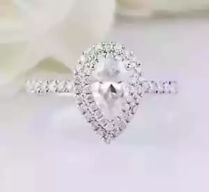 2.10Ct Pear Cut Real Moissanite Halo Engagement Ring 14K White Gold Plated - Picture 1 of 7