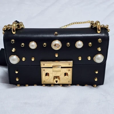 Gucci Pearl Studded Padlock Leather Shoulder Bag Black 432182 MSRP $2490 - Image 1 of 4