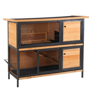 PawHut 2-Story Wooden Metal Rabbit Hutch Bunny Cage w/ Ramp Feeding Trough - Picture 1 of 11