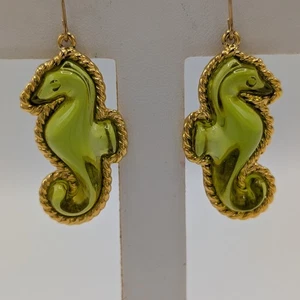 1990s Trifari Green Lucite Seahorse Gold Plated Pierced Dangle Earrings Nautical - Picture 1 of 24