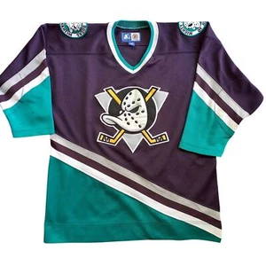 Anaheim Mighty Ducks 90s STARTER jersey youth L/XL away purple NHL vtg - Picture 1 of 6
