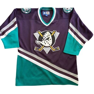 Anaheim Mighty Ducks 90s STARTER jersey youth L/XL away purple NHL vtg - Image 1 of 4