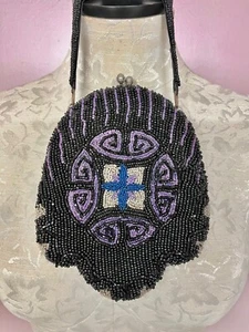 WOMEN'S VINTAGE BEADED PURPLE/BLACK PURSE POCKETBOOK RO - Picture 1 of 5