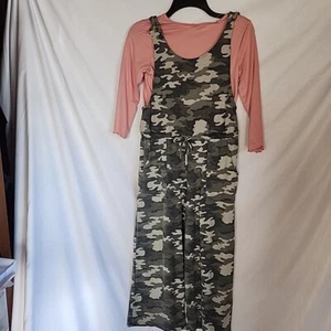 NEW - Size Large / 14 - SELF ESTEEM Long Sleeve Pink Shirt / Camo Green Overalls - Picture 1 of 9