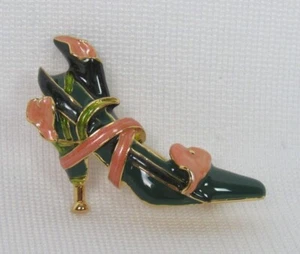 VINTAGE KJL KENNETH J LANE GRÜN ROSA EMAILLE HOHER ABSATZ SCHUH BROSCHE ANSTECKNADEL 1 5/8" LANG - Bild 1 von 12