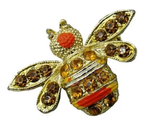 Vintage Amber Bee Bug Brooch Pin Gold Tone Metal 2 Shades Amber Rhinestones 1.5” - Picture 1 of 10